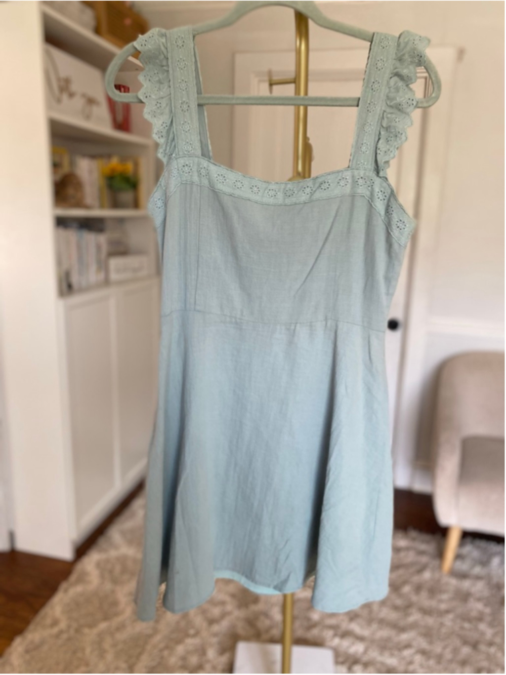 Paper Crane Light Green Eyelet Strap Mini Dress Coquette Cottagecore Romantic M - Picture 3 of 7